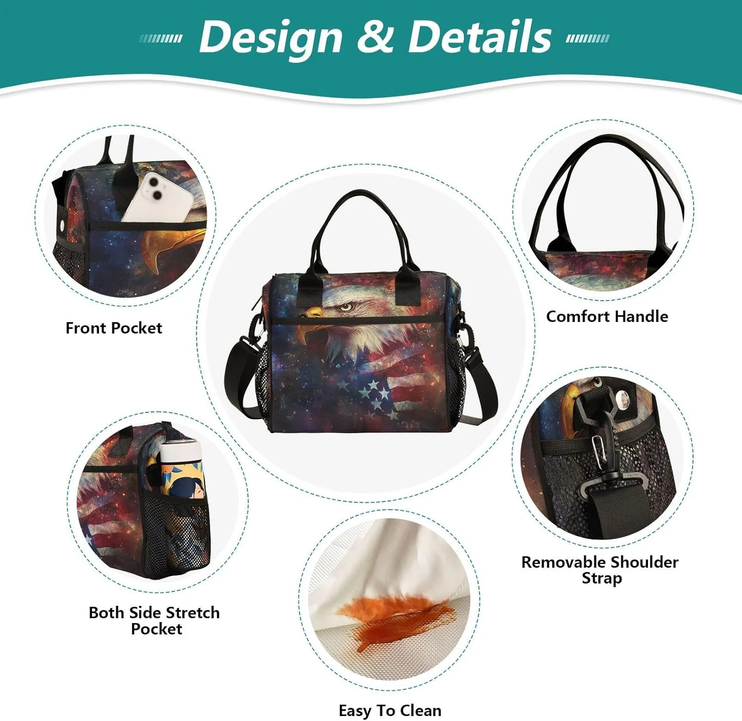 Flag Hawk Dark Lunch Bag for Women Insulated Reusable Lunch Cooler Bag with Adjustable Shoulder Strap for Office Men M