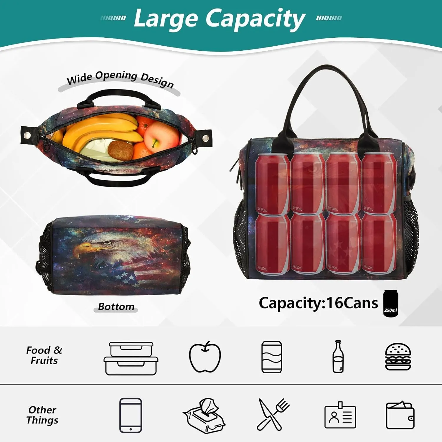 Flag Hawk Dark Lunch Bag for Women Insulated Reusable Lunch Cooler Bag with Adjustable Shoulder Strap for Office Men M
