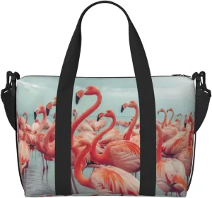 Flock of Red Flamingos on The Beach Print oblique across Hand Travel Bag Polyester Women Men Overnight Duffel Carry-on Tote Bag
