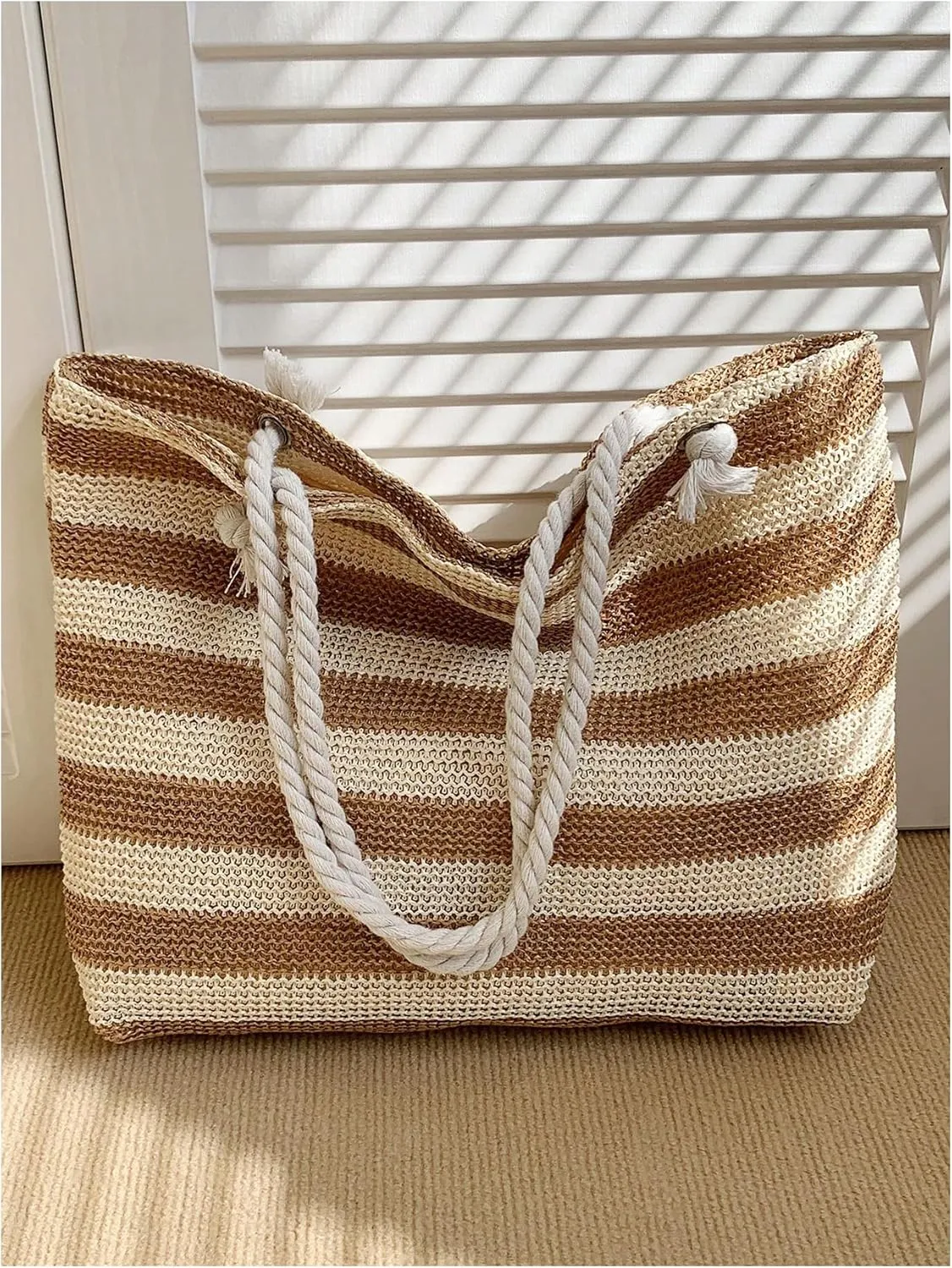 Floerns Women's Striped Straw Beach Shoulder Tote Bag Rope Handle Large Capacity Vacation Totes
