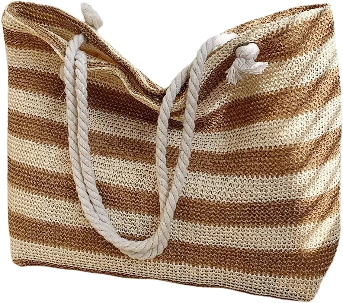 Floerns Women's Striped Straw Beach Shoulder Tote Bag Rope Handle Large Capacity Vacation Totes