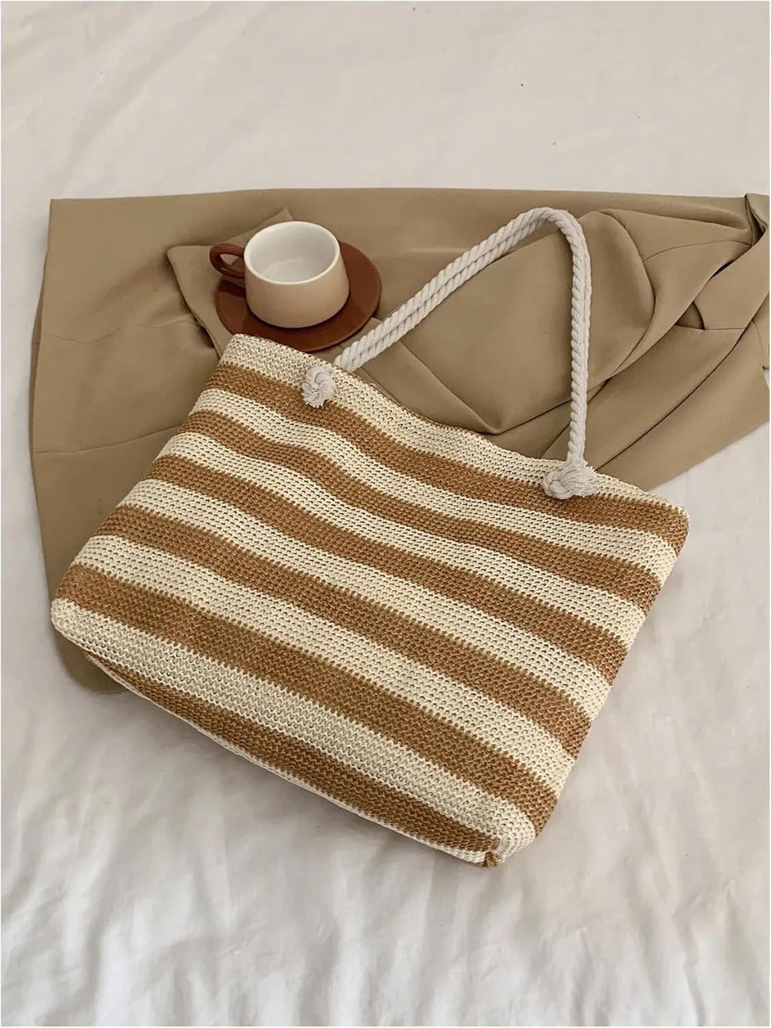 Floerns Women's Striped Straw Beach Shoulder Tote Bag Rope Handle Large Capacity Vacation Totes