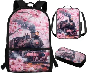 Floral Backpack Pink Girls Backpack 10-12 Years Old Cherry Blossom Bookbag with Lunch Box School Bag for 4th 5th Grade Girls Set of 3 Back Pack for School Girl