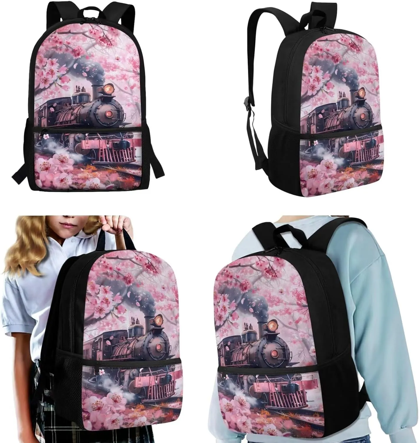 Floral Backpack Pink Girls Backpack 10-12 Years Old Cherry Blossom Bookbag with Lunch Box School Bag for 4th 5th Grade Girls Set of 3 Back Pack for School Girl