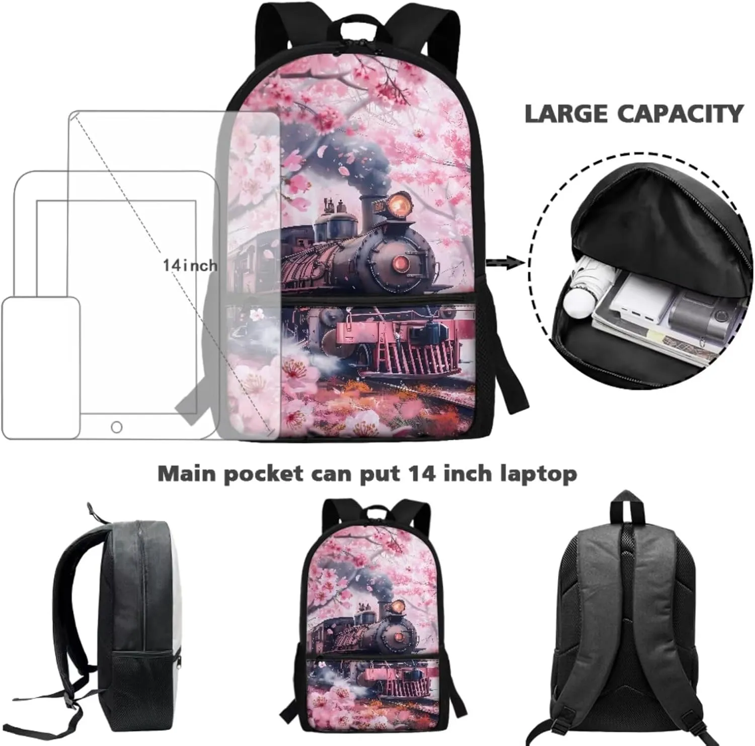 Floral Backpack Pink Girls Backpack 10-12 Years Old Cherry Blossom Bookbag with Lunch Box School Bag for 4th 5th Grade Girls Set of 3 Back Pack for School Girl