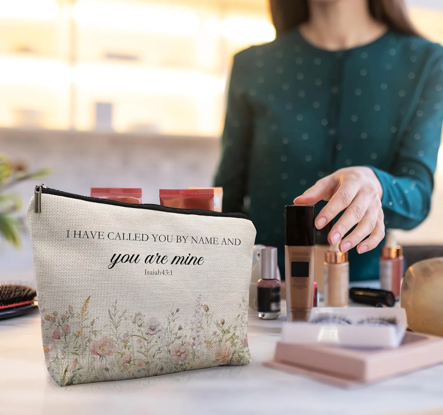 Floral Christian Makeup Cosmetic Bag - Christian Gifts for Women, Bible Scripture Gifts Cosmetic Bag for Women, Inspirational Small Makeup Bag for Purse, I Have Called You by Name You are Mine