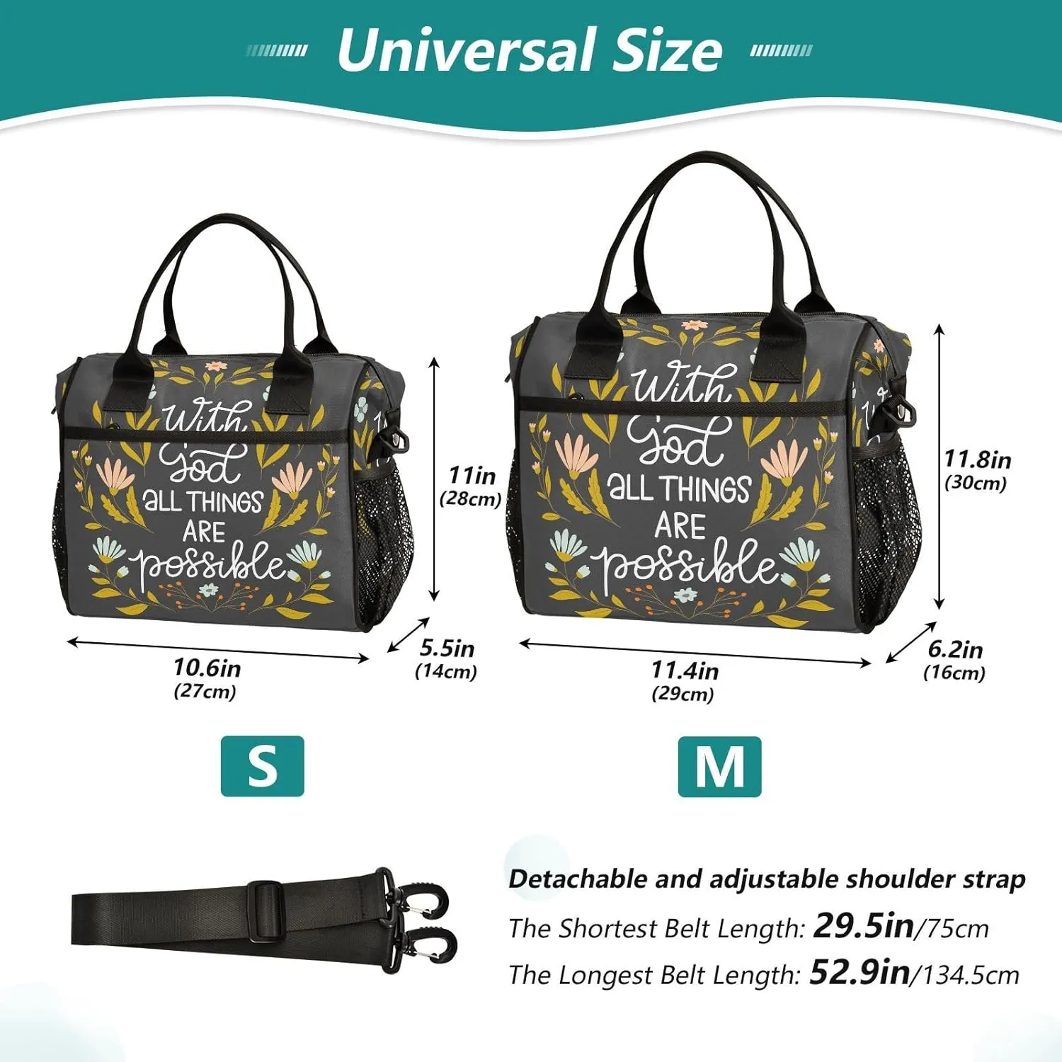 Floral with God All Things Are Possible Lunch Bag Reusable Lunch Box for Office Picnic Hiking Beach, Insulated Cooler Tote Food Container with Adjustable Shoulder Strap for Men Women Adults