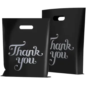 FloraSea 100 Pcs Reusable Black 12x15 Thank You Bags - Merchandise, Party & Gift Bags with Handles