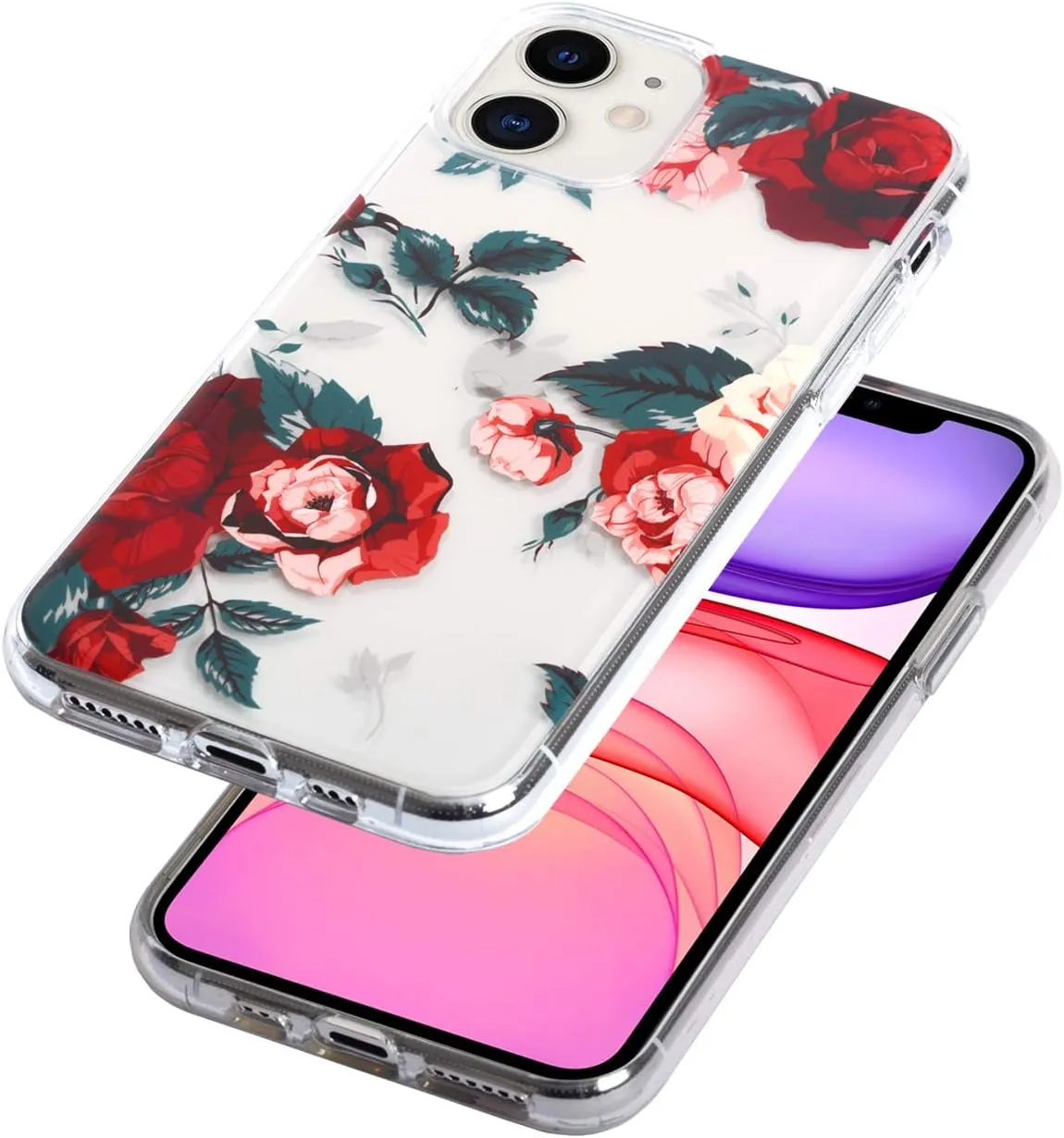 Flower Case for iPhone 11 (6.1"), Floral Pattern Clear Slim Fit Ultra-Thin Girly Design, Shockproof Protective Hard PC Back with Soft TPU Bumper Phone Cover for Girls and Women | Red Roses