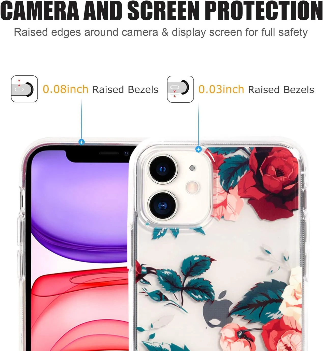 Flower Case for iPhone 11 (6.1"), Floral Pattern Clear Slim Fit Ultra-Thin Girly Design, Shockproof Protective Hard PC Back with Soft TPU Bumper Phone Cover for Girls and Women | Red Roses