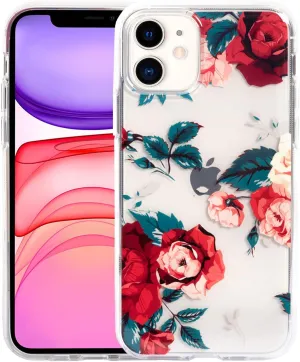 Flower Case for iPhone 11 (6.1"), Floral Pattern Clear Slim Fit Ultra-Thin Girly Design, Shockproof Protective Hard PC Back with Soft TPU Bumper Phone Cover for Girls and Women | Red Roses