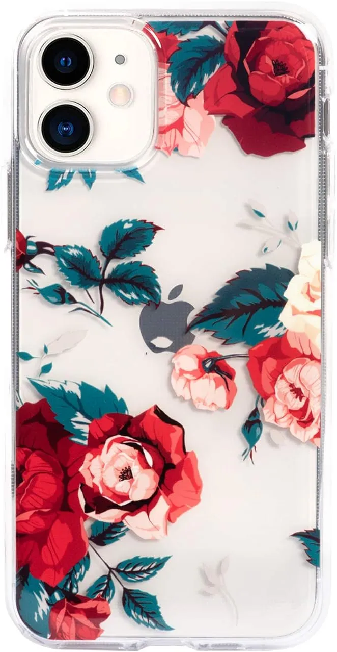 Flower Case for iPhone 11 (6.1"), Floral Pattern Clear Slim Fit Ultra-Thin Girly Design, Shockproof Protective Hard PC Back with Soft TPU Bumper Phone Cover for Girls and Women | Red Roses