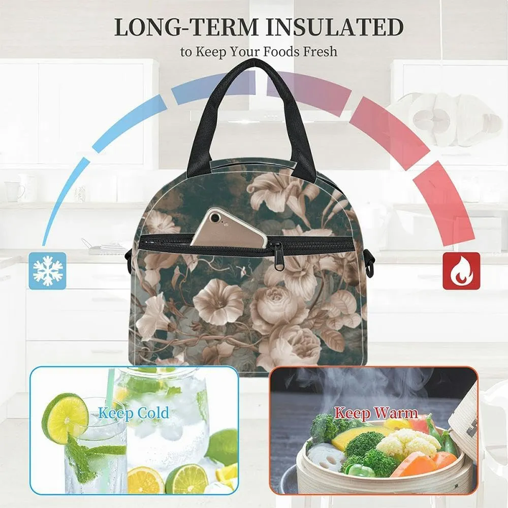 Flower painting a concrete grunge wall Loft modern Insulated Adult Lunch Bag with Shoulder Strap for Women Lightweight Reusable Portable Freezable Lunch Tote Bag for Work Picnic