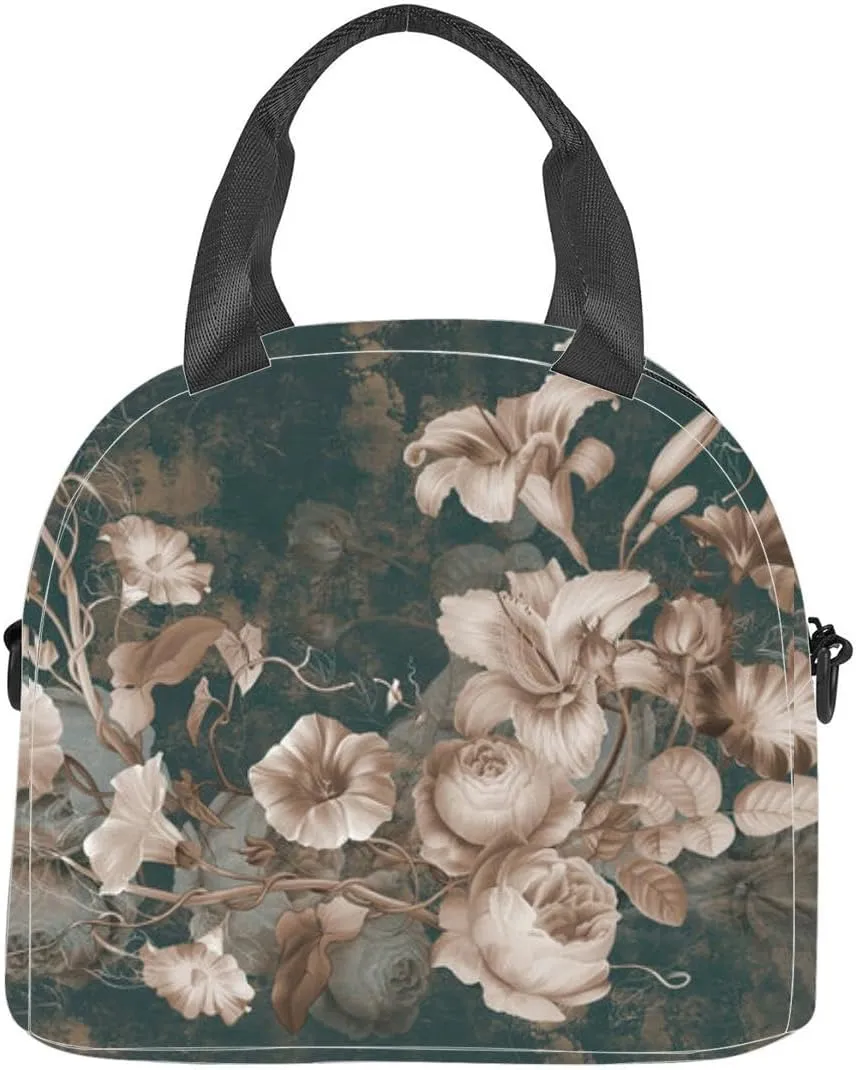 Flower painting a concrete grunge wall Loft modern Insulated Adult Lunch Bag with Shoulder Strap for Women Lightweight Reusable Portable Freezable Lunch Tote Bag for Work Picnic