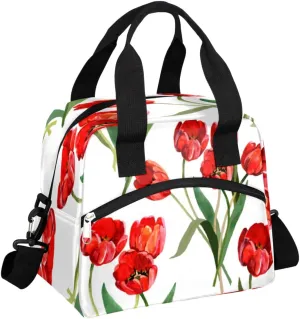 Flower Tulip Lunch Bag for Women Aesthetic Floral Insulated Lunch Box for Office Reusable Lunch Cooler Bag with Adjustable Strap for Work Women