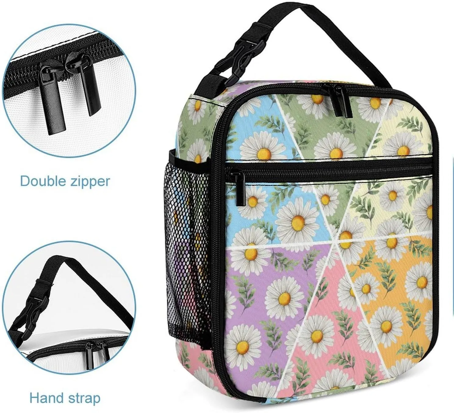 Flowers Daisy Lunch Box Bag for Boys Girls, Reusable Insulated Lunch Tote Bag for Teens Students, Portable Large Capacity Bento Box for Women Men Work Picnic School Travel