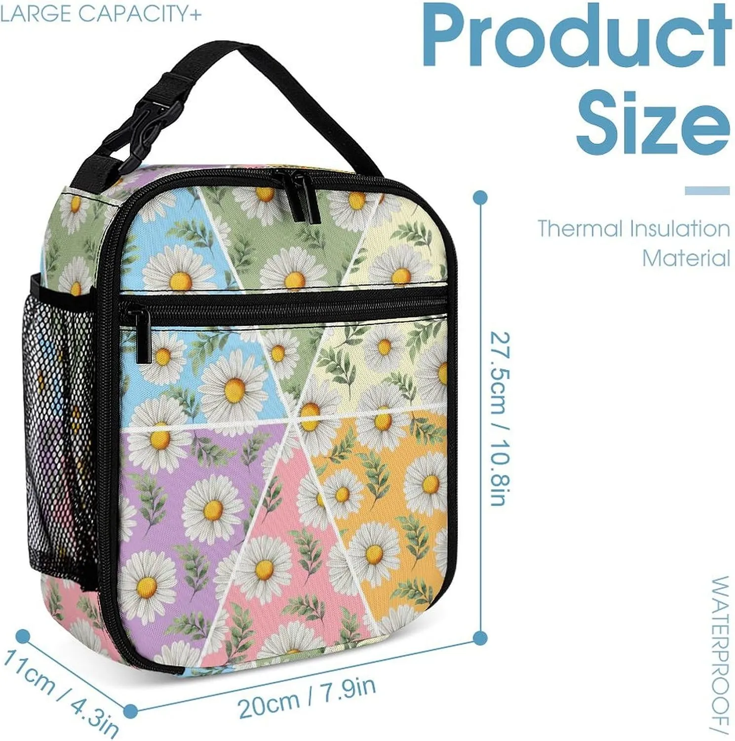 Flowers Daisy Lunch Box Bag for Boys Girls, Reusable Insulated Lunch Tote Bag for Teens Students, Portable Large Capacity Bento Box for Women Men Work Picnic School Travel