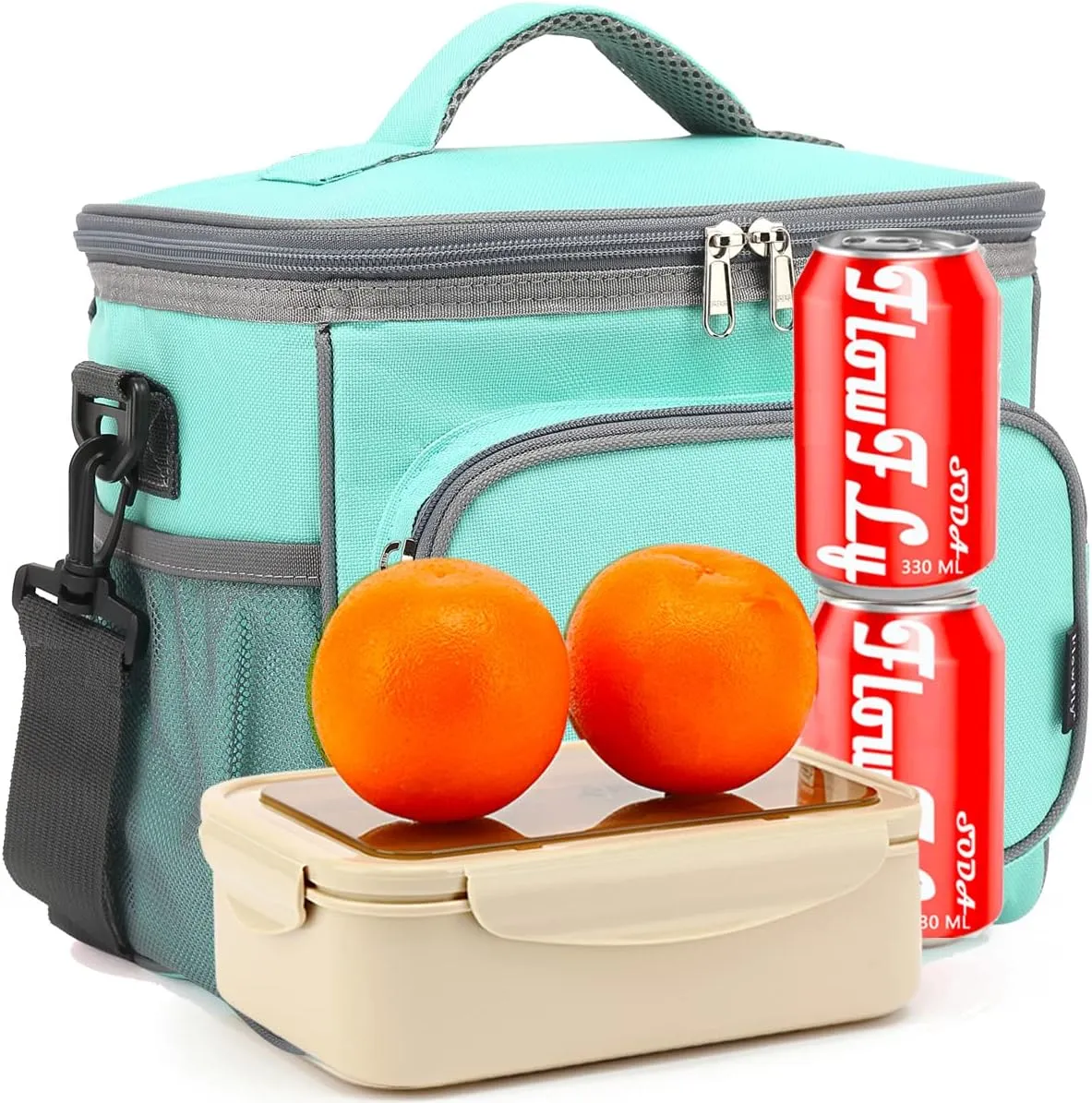 FlowFly Insulated Reusable Lunch Bag Adult Large Lunch Box for Women and Men with Adjustable Shoulder Strap,Front Zipper Pocket and Dual Large Mesh Side Pockets,Jade