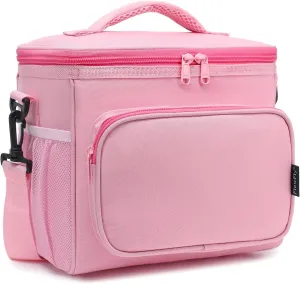 FlowFly Insulated Reusable Lunch Bag Adult Large Lunch Box for Women and Men with Adjustable Shoulder Strap,Front Zipper Pocket and Dual Large Mesh Side Pockets,Pink