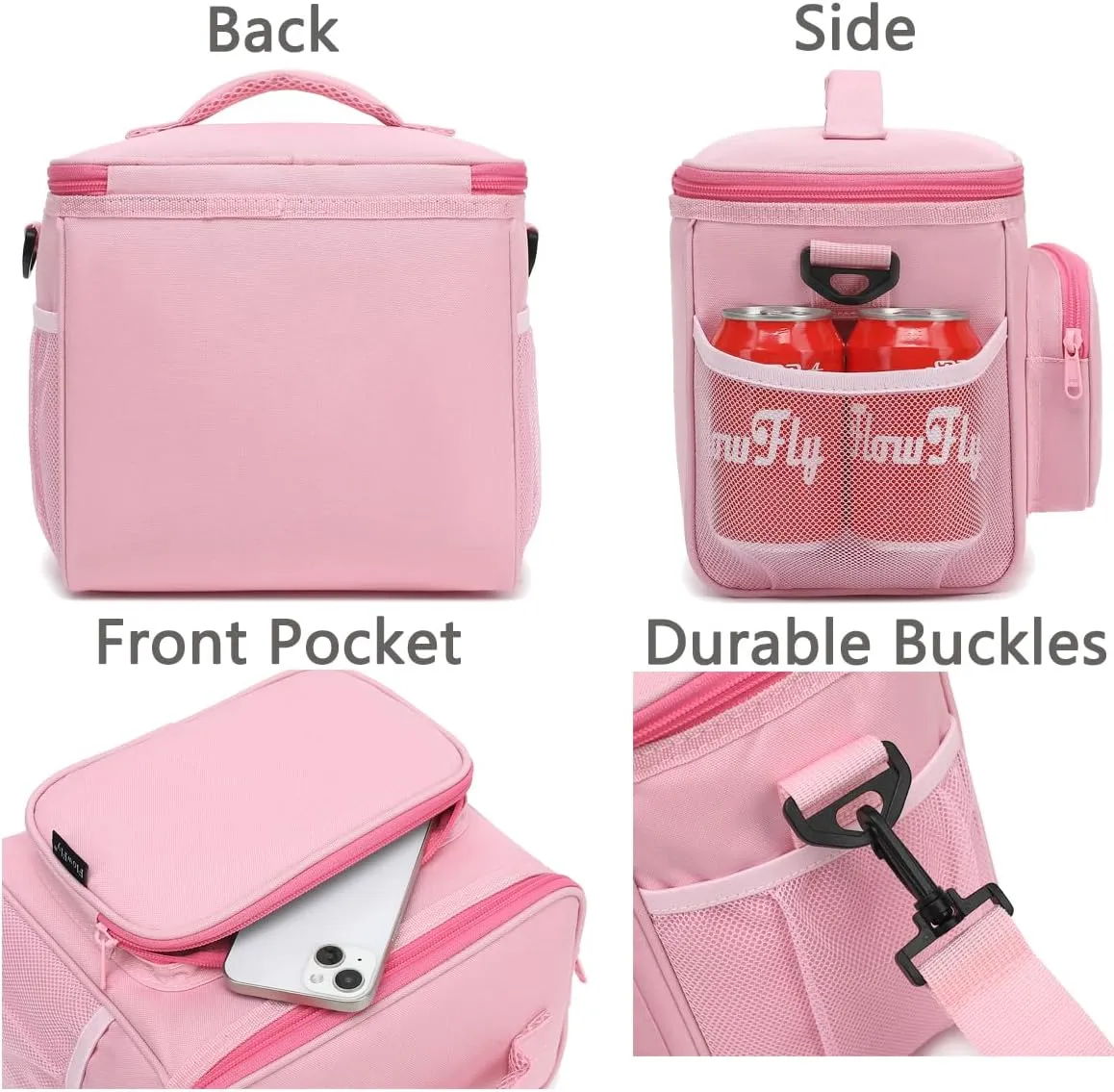 FlowFly Insulated Reusable Lunch Bag Adult Large Lunch Box for Women and Men with Adjustable Shoulder Strap,Front Zipper Pocket and Dual Large Mesh Side Pockets,Pink