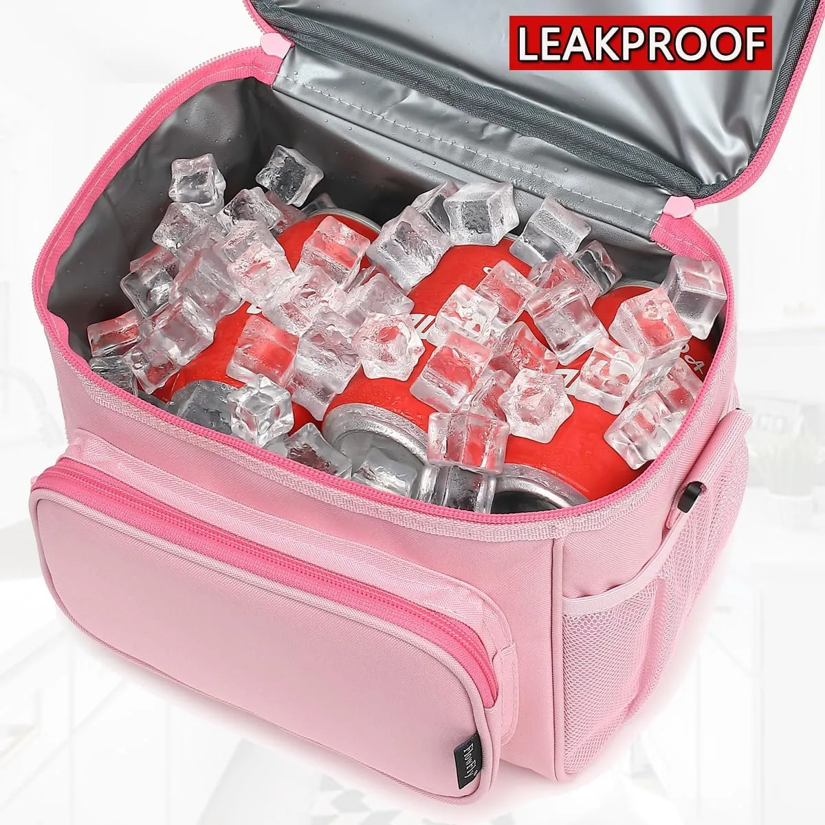 FlowFly Insulated Reusable Lunch Bag Adult Large Lunch Box for Women and Men with Adjustable Shoulder Strap,Front Zipper Pocket and Dual Large Mesh Side Pockets,Pink