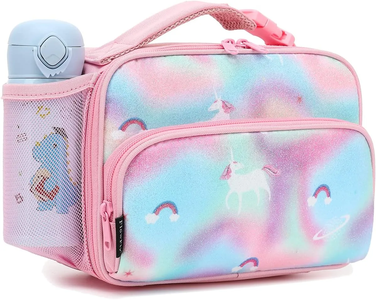 FlowFly Kids Lunch box Insulated Soft Bag Mini Cooler Back to School Thermal Meal Tote Kit for Girls, Boys,Glitter-Unicorn