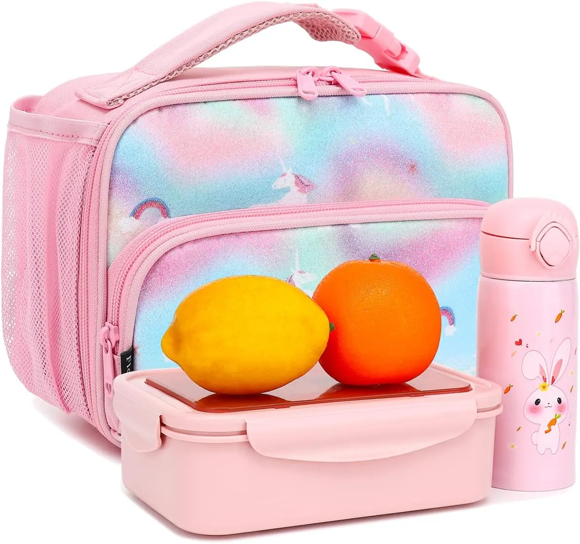 FlowFly Kids Lunch box Insulated Soft Bag Mini Cooler Back to School Thermal Meal Tote Kit for Girls, Boys,Glitter-Unicorn