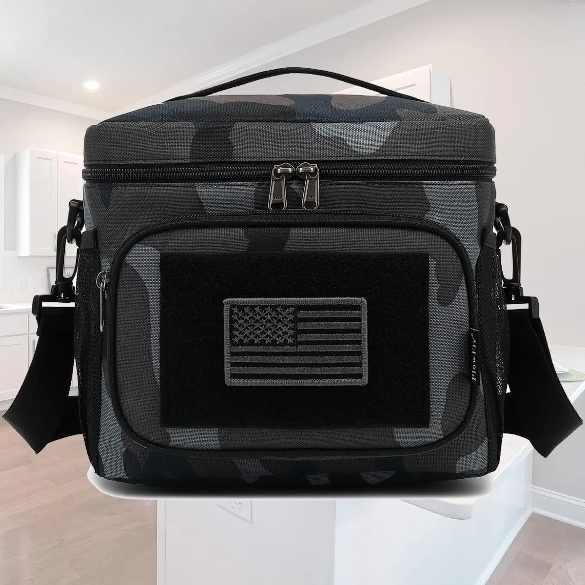 FlowFly Lunch Bag, Insulated Cooler, Thermal Lunch Box Tote with MOLLE/PALS Webbing, Adjustable Padded Shoulder Strap, for Tactical Men Women Adults and Boys Girls Kids (Black#Camo, Medium)