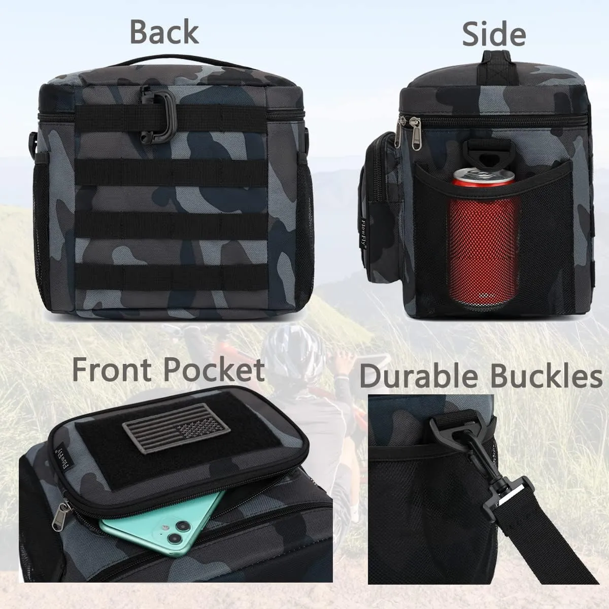 FlowFly Lunch Bag, Insulated Cooler, Thermal Lunch Box Tote with MOLLE/PALS Webbing, Adjustable Padded Shoulder Strap, for Tactical Men Women Adults and Boys Girls Kids (Black#Camo, Medium)