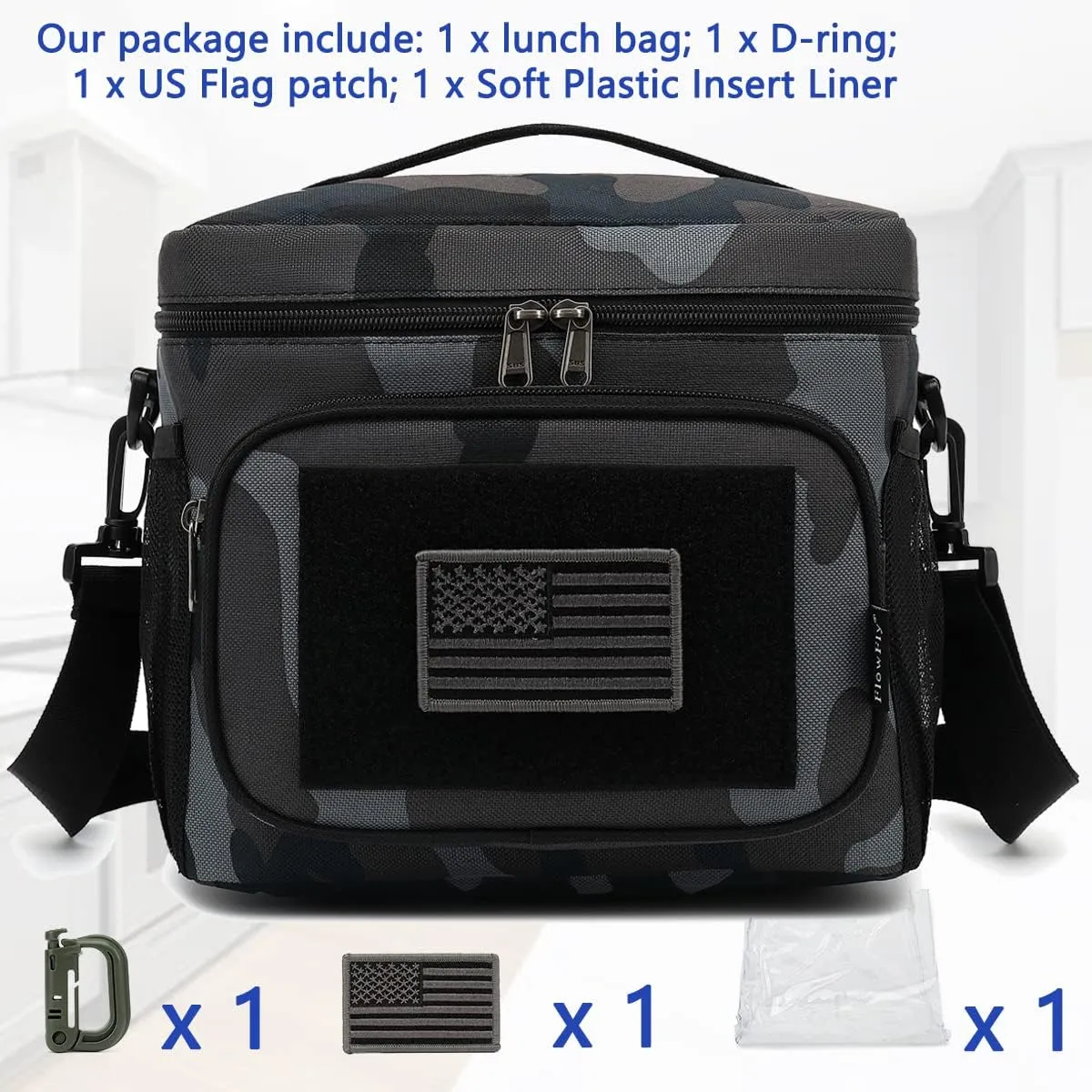FlowFly Lunch Bag, Insulated Cooler, Thermal Lunch Box Tote with MOLLE/PALS Webbing, Adjustable Padded Shoulder Strap, for Tactical Men Women Adults and Boys Girls Kids (Black#Camo, Medium)