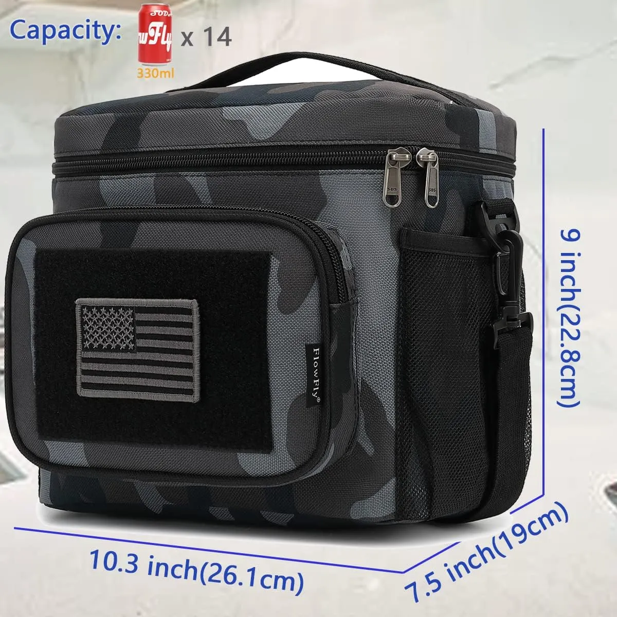 FlowFly Lunch Bag, Insulated Cooler, Thermal Lunch Box Tote with MOLLE/PALS Webbing, Adjustable Padded Shoulder Strap, for Tactical Men Women Adults and Boys Girls Kids (Black#Camo, Medium)