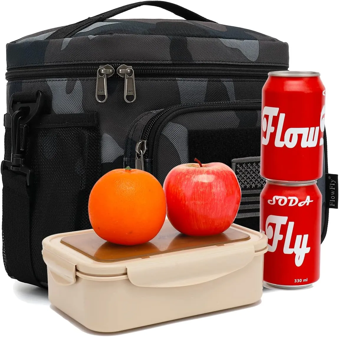 FlowFly Lunch Bag, Insulated Cooler, Thermal Lunch Box Tote with MOLLE/PALS Webbing, Adjustable Padded Shoulder Strap, for Tactical Men Women Adults and Boys Girls Kids (Black#Camo, Medium)