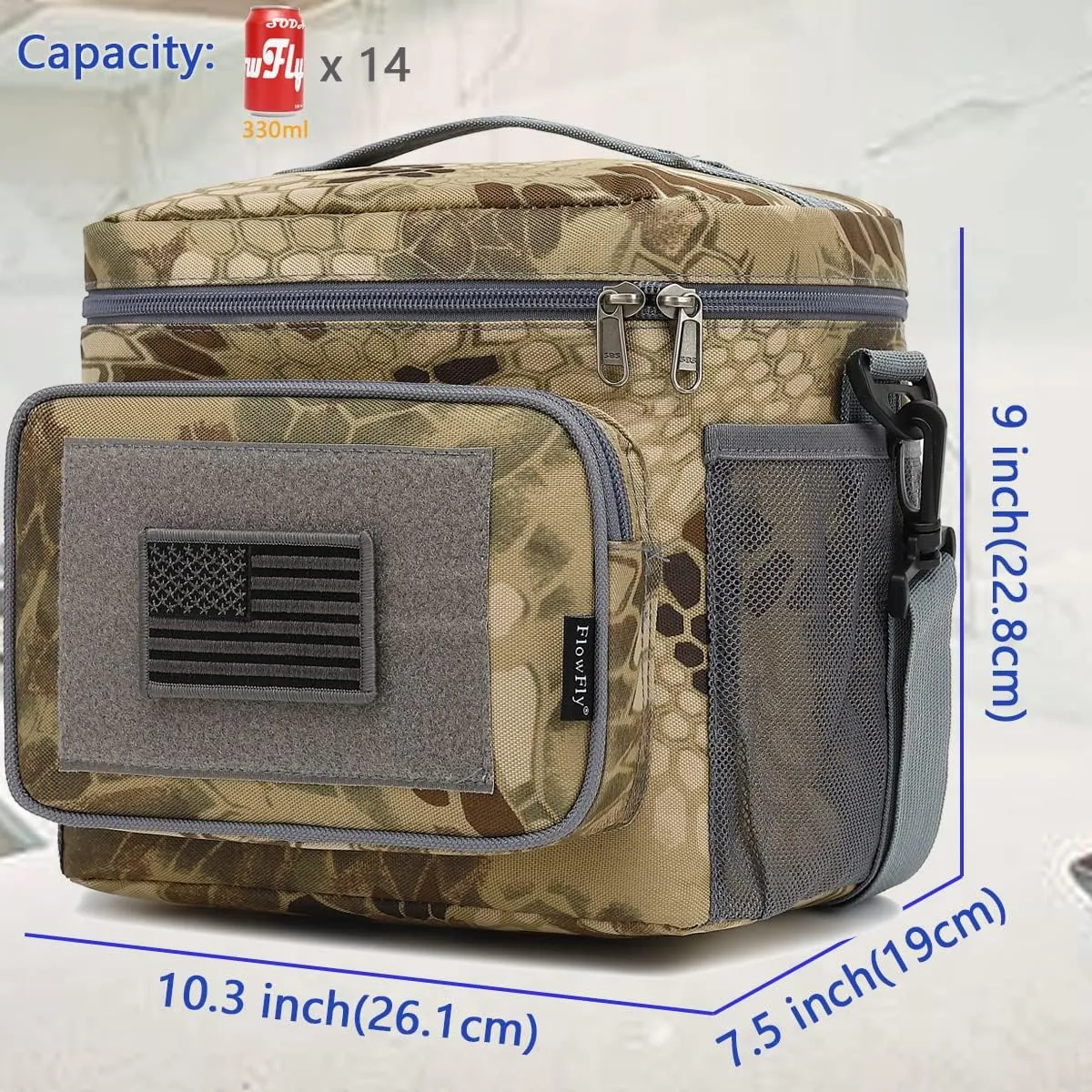 FlowFly Lunch Bag, Insulated Cooler, Thermal Lunch Box Tote with MOLLE/PALS Webbing, Adjustable Padded Shoulder Strap, for Tactical Men Women Adults and Boys Girls Kids (Camo#3, Medium)