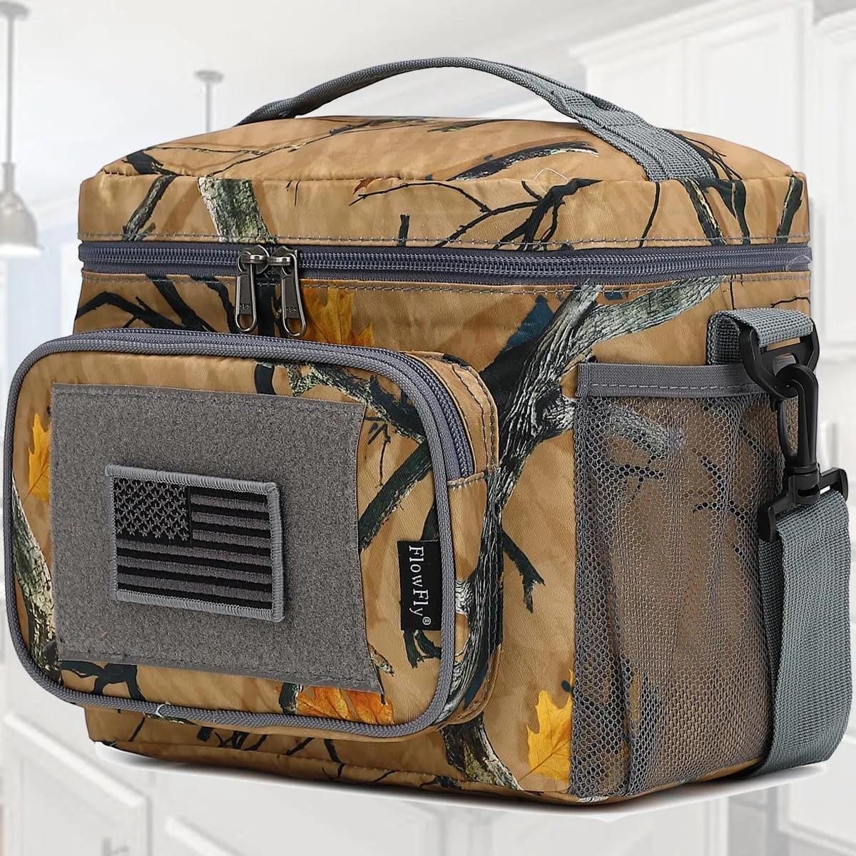FlowFLy Lunch Bag, Insulated Cooler, Thermal Lunch Box Tote with MOLLE/PALS Webbing, Adjustable Padded Shoulder Strap, for Tactical Men Women Adults and Boys Girls Kids (Maple Leaves Camo, Medium)