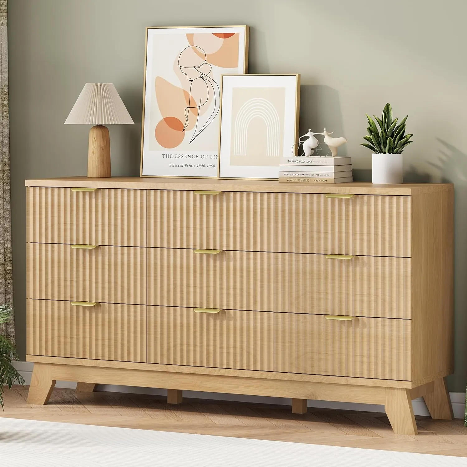 Fluted Dresser for Bedroom with 9 Drawers, 57" Wide Modern Chest of Drawers with Metal Handle, Wooden Dresser TV Stand, Wood Closet Clothes Storage Organizer for Living Room, Hallway, Natural Oak