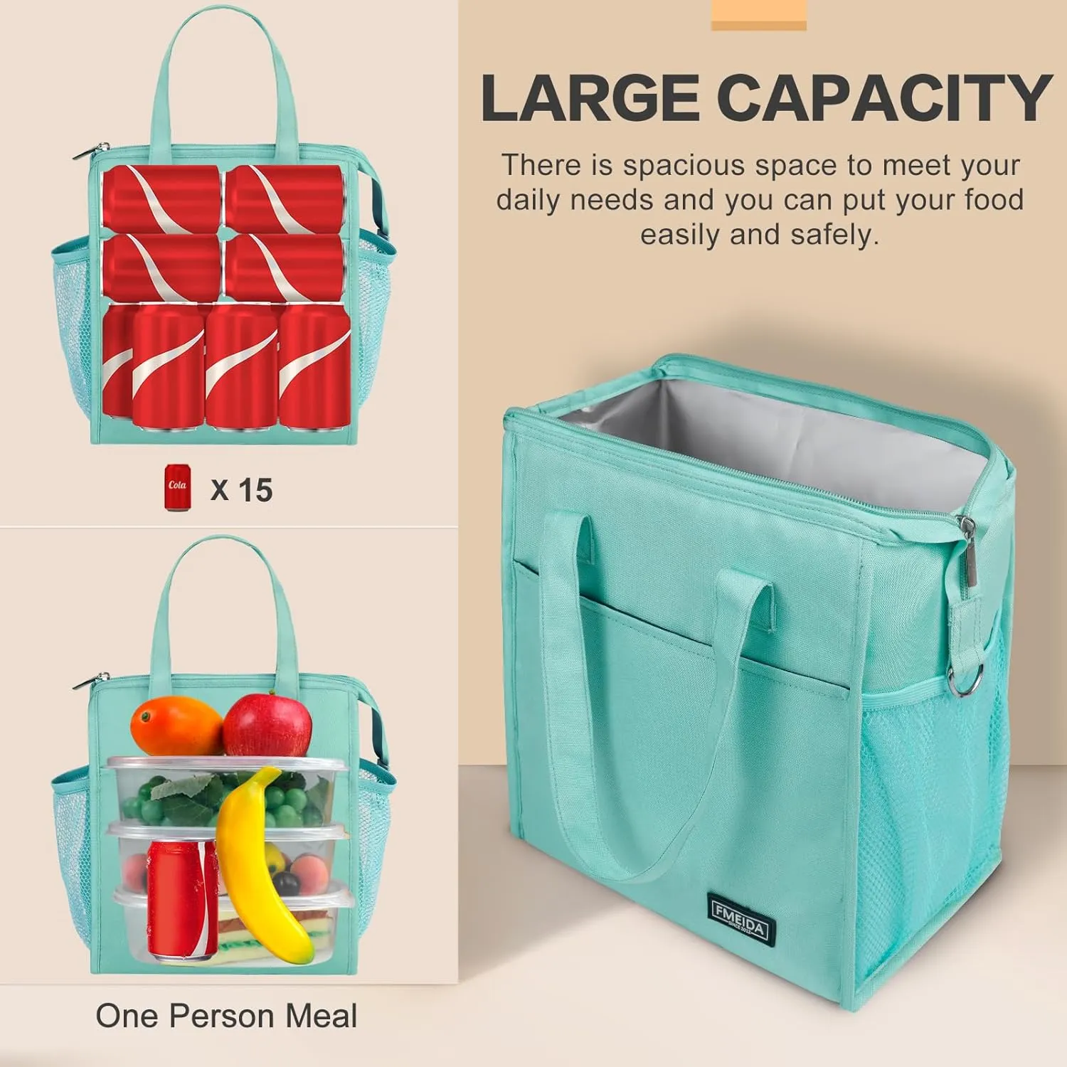 Fmeida Insulated Lunch Bag Women, Leakproof Womens Lunch Bag, Thermal Adult Lunchbag with Front Side Pockets, Reusable Lunch Bag for Office Work Travel Picnic Large Mint Blue
