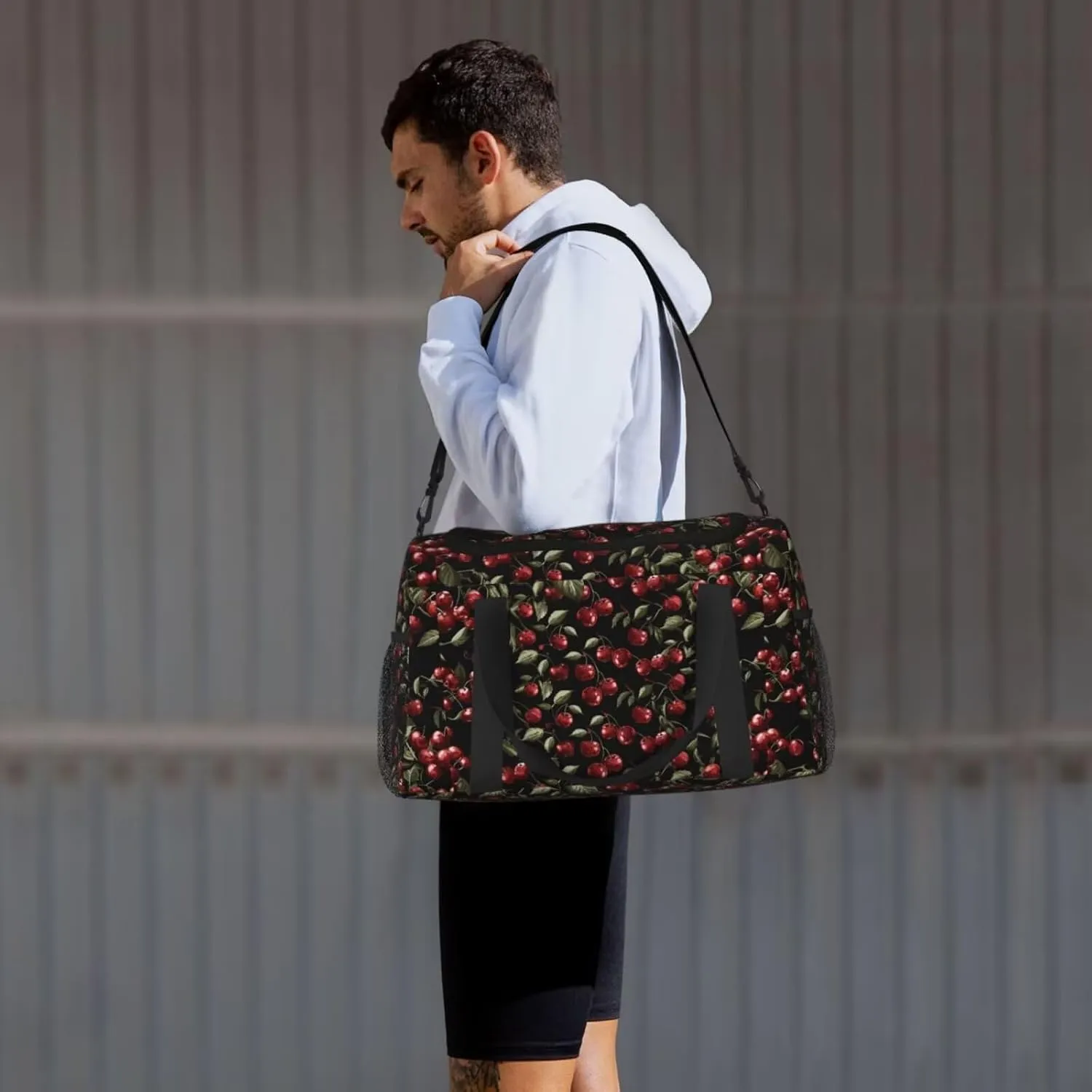Foldable Weekender Bags for Women Gym Cherry Cute Tote Overnight Bag for Travel Business Trips, Sports Red Fruite Workout Dance Bag