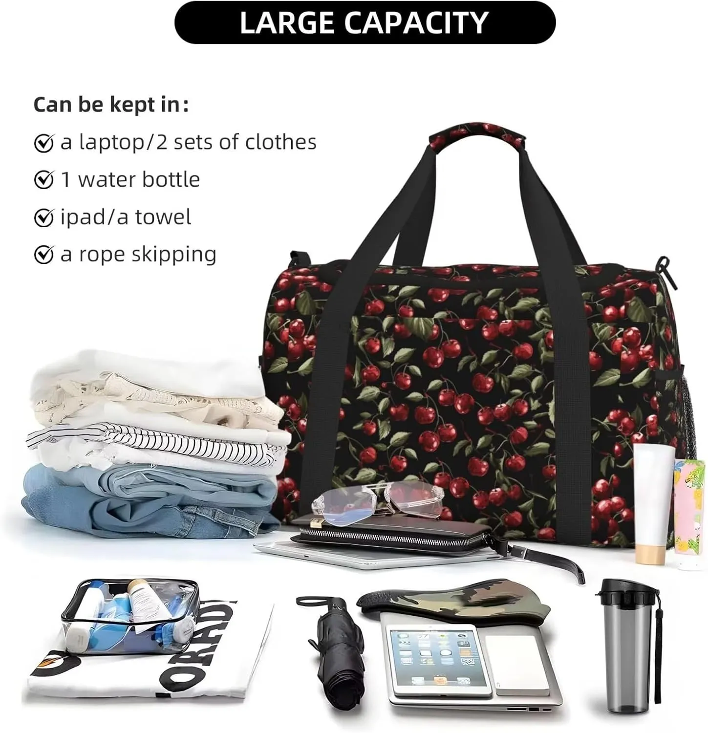 Foldable Weekender Bags for Women Gym Cherry Cute Tote Overnight Bag for Travel Business Trips, Sports Red Fruite Workout Dance Bag