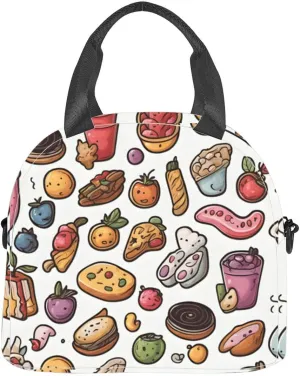 food a chalk drawing medium sticker 2d cute fantasy dreamy 2d sweets Insulated Adult Lunch Bag with Shoulder Strap for Women Lightweight Reusable Portable Freezable Lunch Tote Bag for Work Picnic