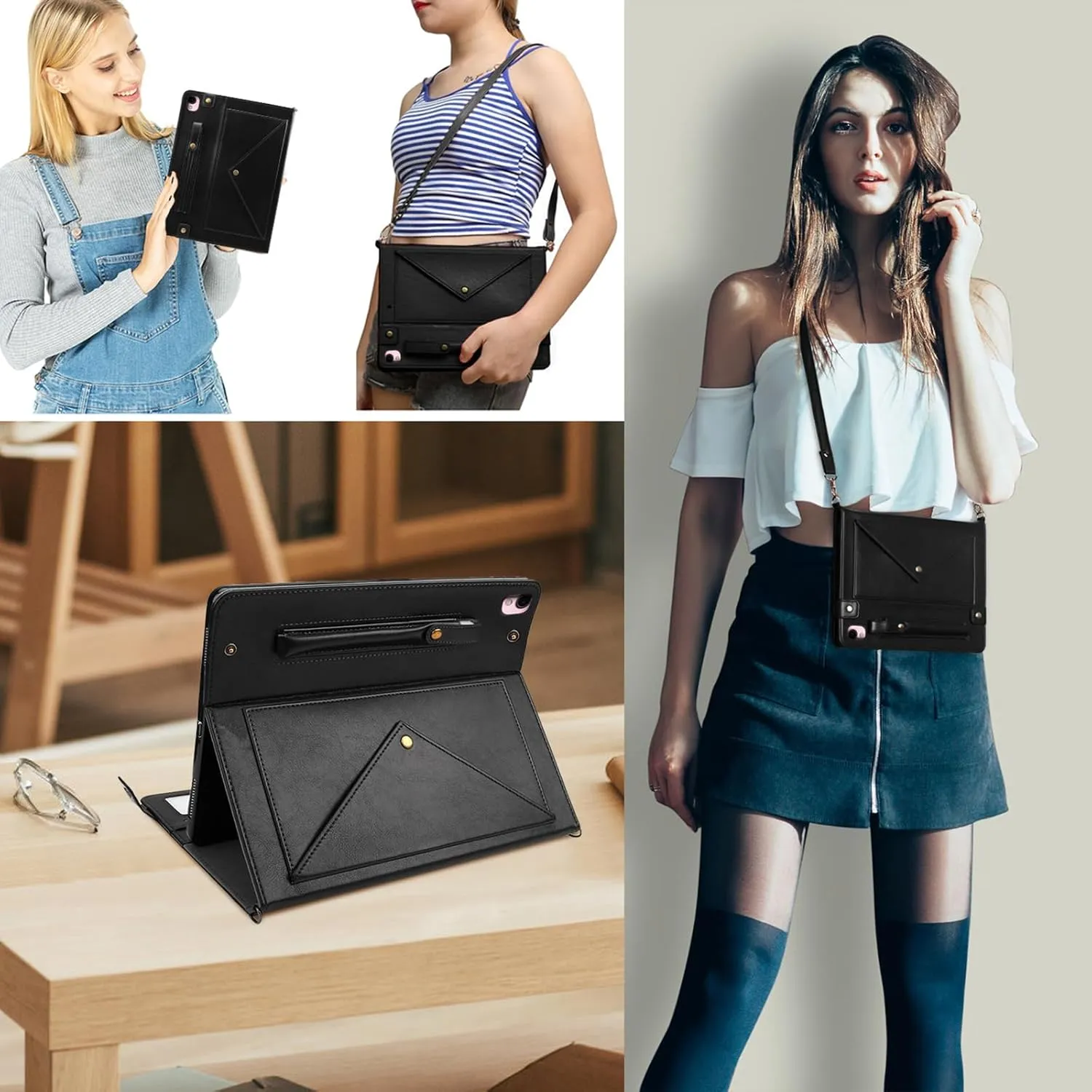 for iPad 9th/8th/7th Generation Crossbody Handbag Stand Case with Pencil Holder/Pockets [Shoulder Strap/Hand Strap] Magnetic Wallet Envelope Cover for iPad 10.2 inch 2021/2020/2019, Black