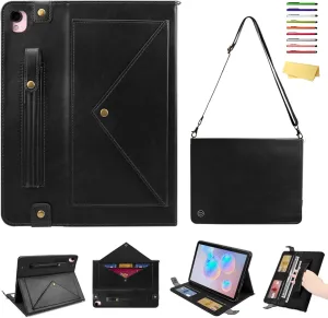 for iPad 9th/8th/7th Generation Crossbody Handbag Stand Case with Pencil Holder/Pockets [Shoulder Strap/Hand Strap] Magnetic Wallet Envelope Cover for iPad 10.2 inch 2021/2020/2019, Black