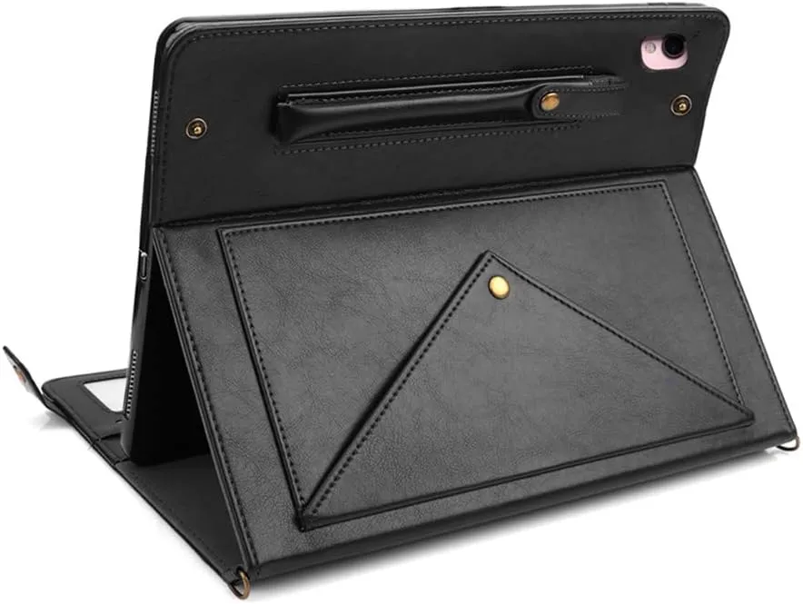 for iPad 9th/8th/7th Generation Crossbody Handbag Stand Case with Pencil Holder/Pockets [Shoulder Strap/Hand Strap] Magnetic Wallet Envelope Cover for iPad 10.2 inch 2021/2020/2019, Black