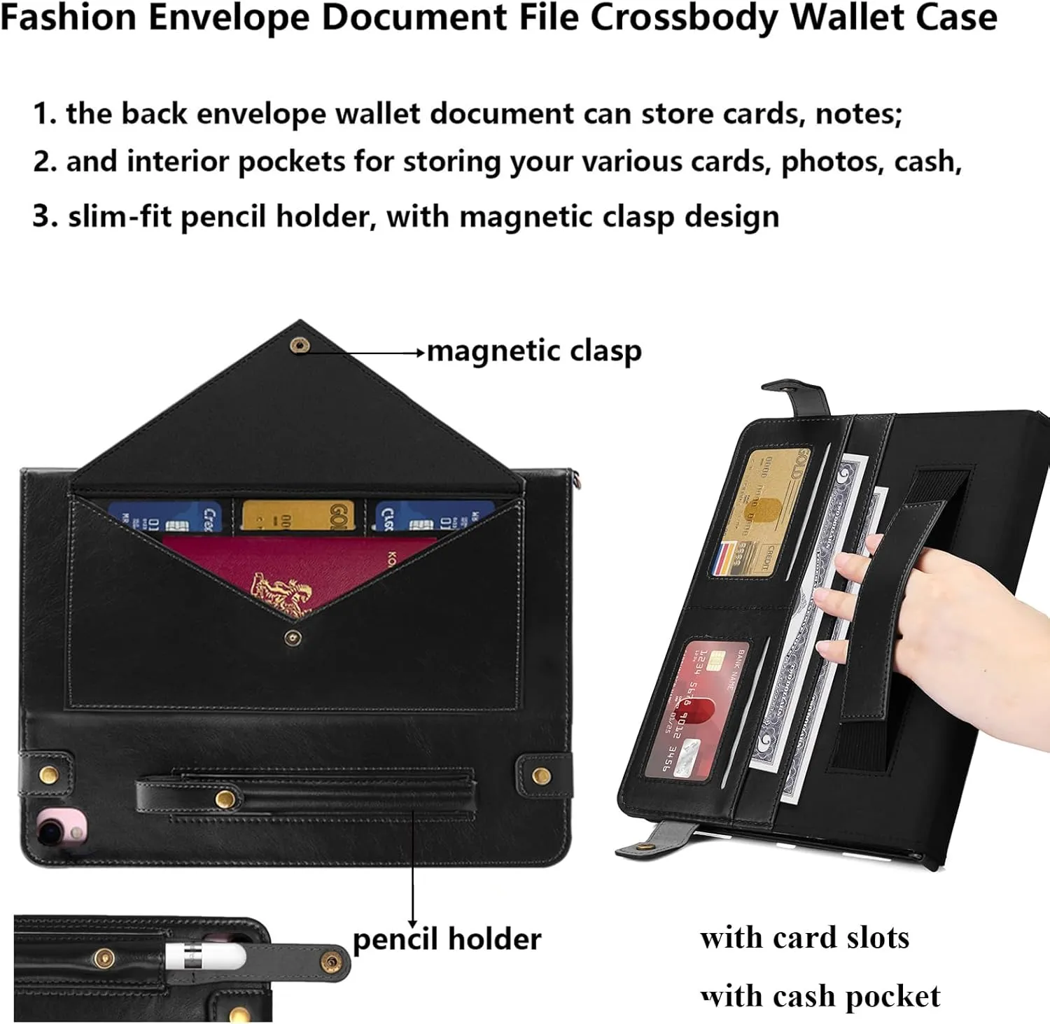 for iPad 9th/8th/7th Generation Crossbody Handbag Stand Case with Pencil Holder/Pockets [Shoulder Strap/Hand Strap] Magnetic Wallet Envelope Cover for iPad 10.2 inch 2021/2020/2019, Black