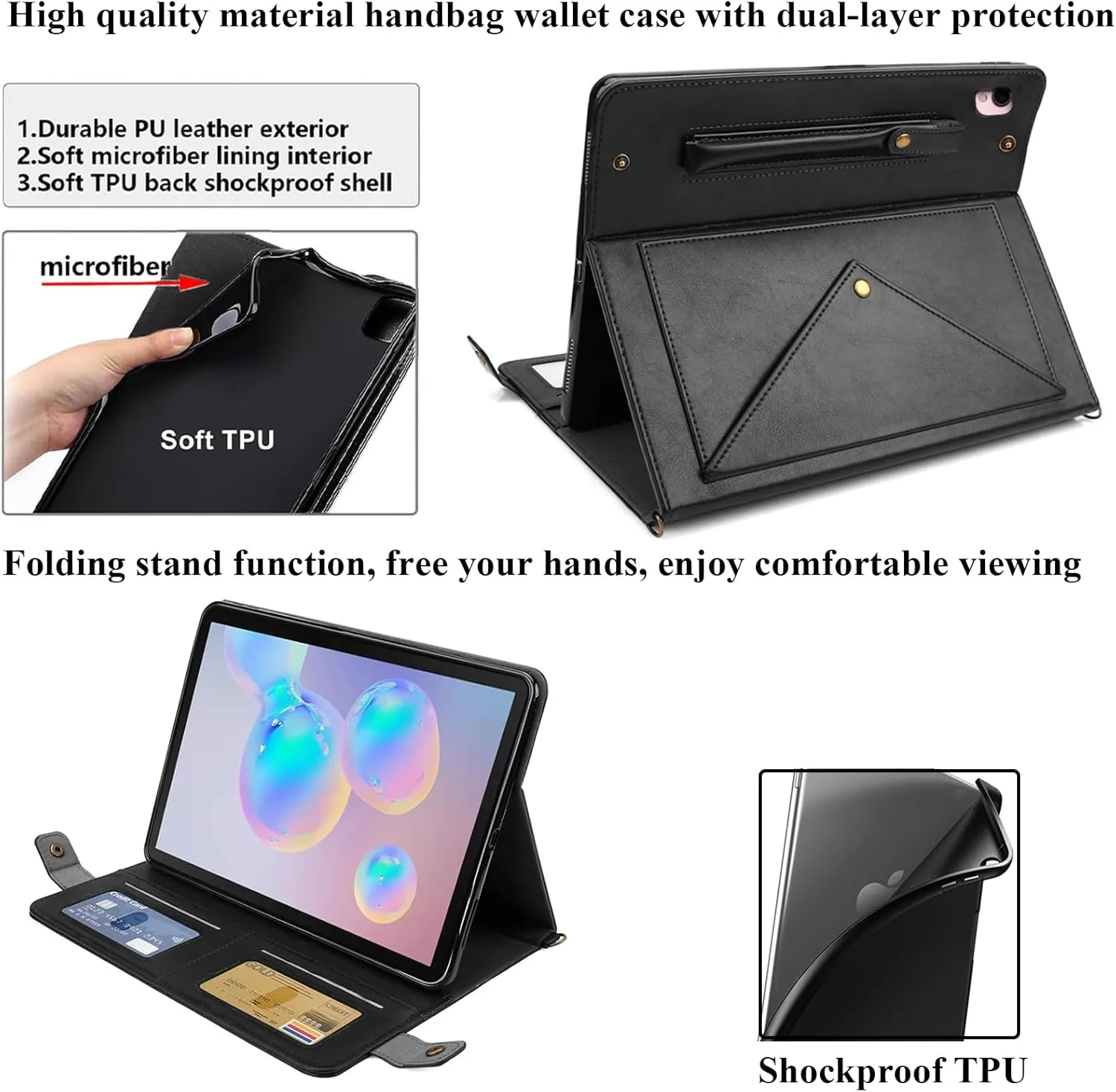 for iPad 9th/8th/7th Generation Crossbody Handbag Stand Case with Pencil Holder/Pockets [Shoulder Strap/Hand Strap] Magnetic Wallet Envelope Cover for iPad 10.2 inch 2021/2020/2019, Black