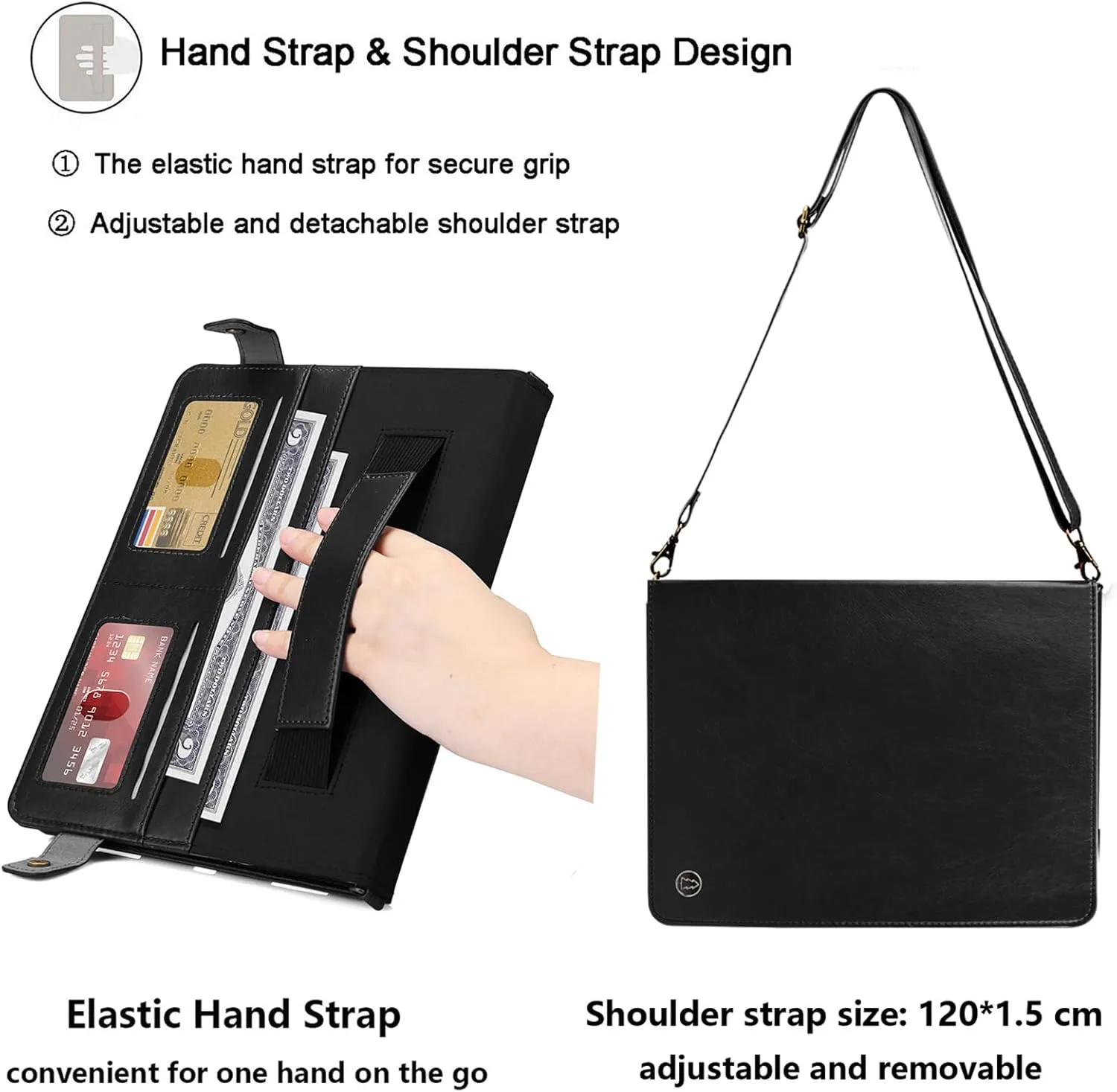 for iPad 9th/8th/7th Generation Crossbody Handbag Stand Case with Pencil Holder/Pockets [Shoulder Strap/Hand Strap] Magnetic Wallet Envelope Cover for iPad 10.2 inch 2021/2020/2019, Black