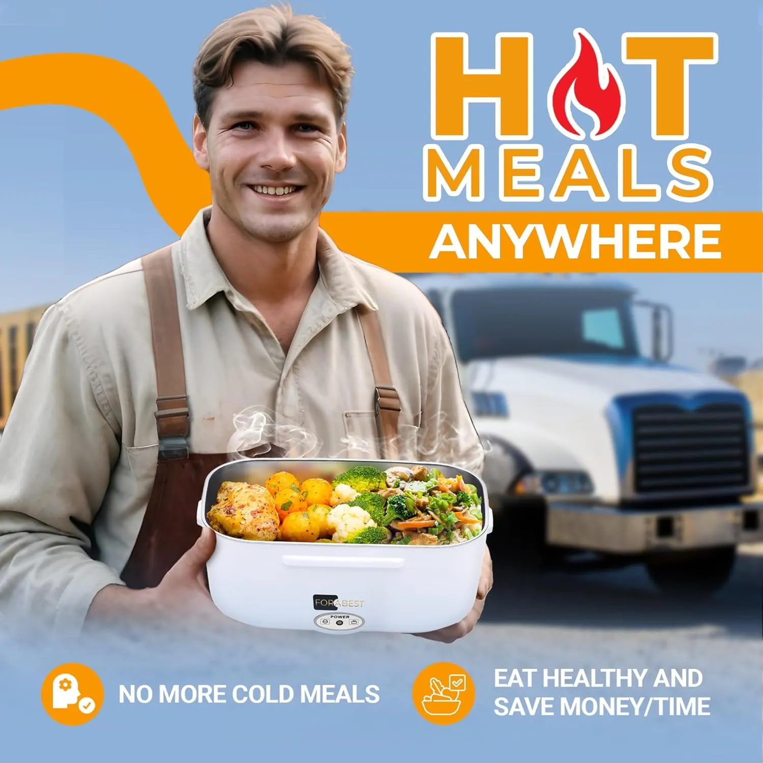 FORABEST Electric Lunch Box for Adults – 80W Fast-Heated Lunch Box, 1.5L Stainless Steel Portable Food Warmer, 12/24V for Car/Truck & 110/220V for Office/Travel – Lonchera Eléctrica Portátil