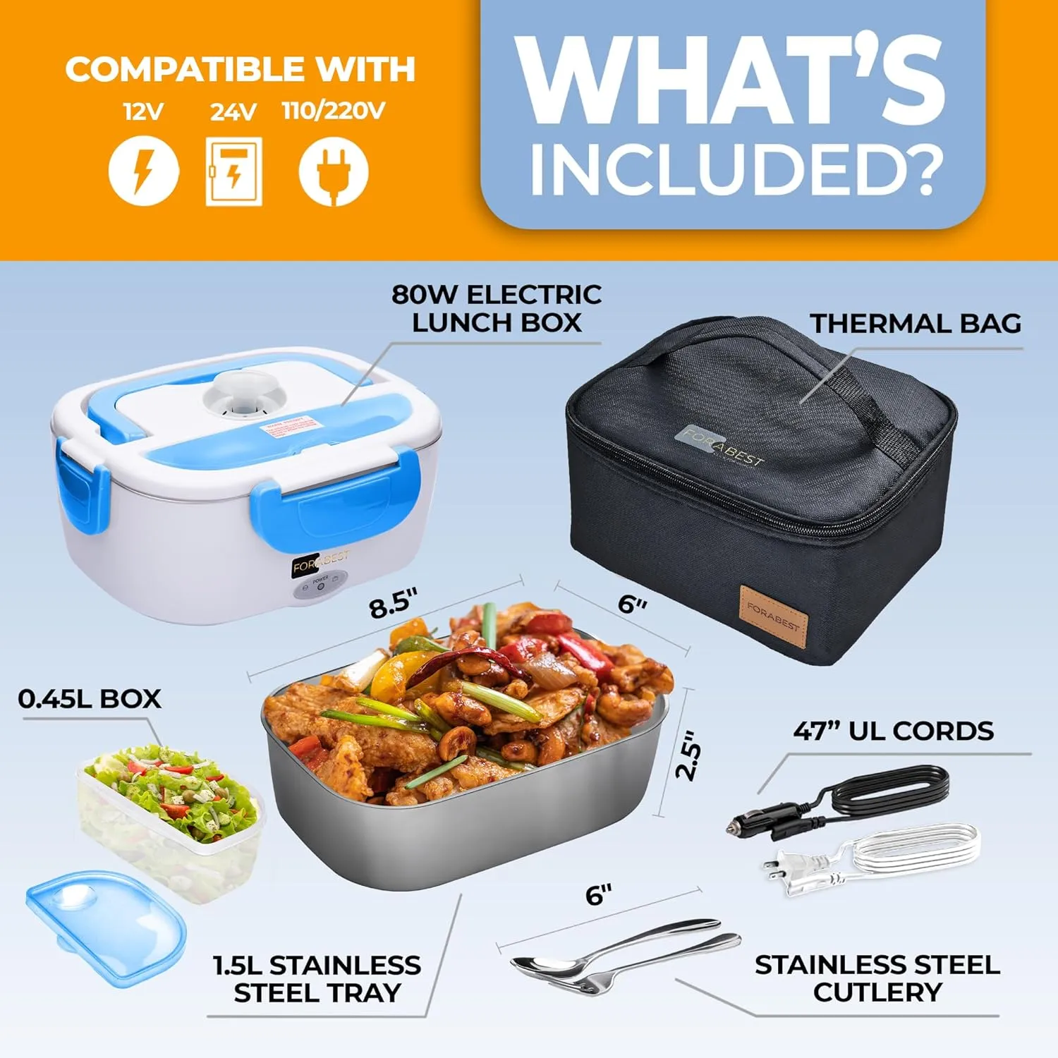 FORABEST Electric Lunch Box for Adults – 80W Fast-Heated Lunch Box, 1.5L Stainless Steel Portable Food Warmer, 12/24V for Car/Truck & 110/220V for Office/Travel – Lonchera Eléctrica Portátil