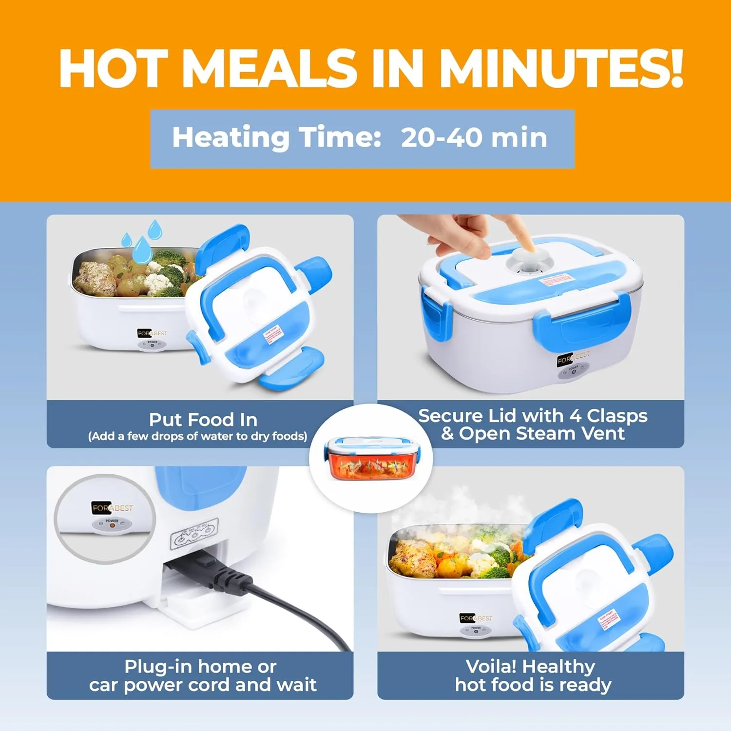 FORABEST Electric Lunch Box for Adults – 80W Fast-Heated Lunch Box, 1.5L Stainless Steel Portable Food Warmer, 12/24V for Car/Truck & 110/220V for Office/Travel – Lonchera Eléctrica Portátil