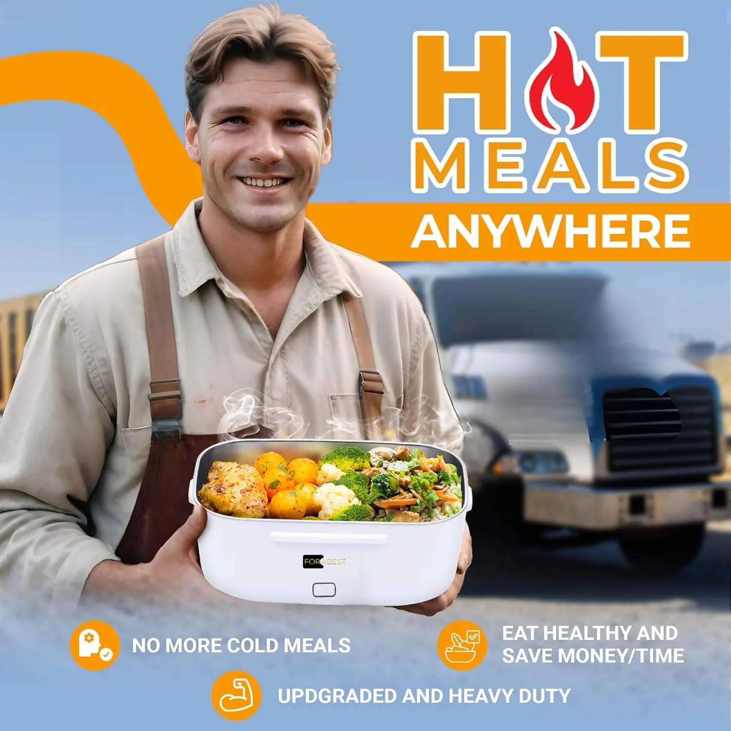FORABEST Electric Lunch Box for Adults – 80W Fast-Heated Lunch Box, 1.8L Stainless Steel Portable Food Warmer, 12/24V for Car/Truck & 110/220V for Office/Travel – Lonchera Eléctrica Portátil