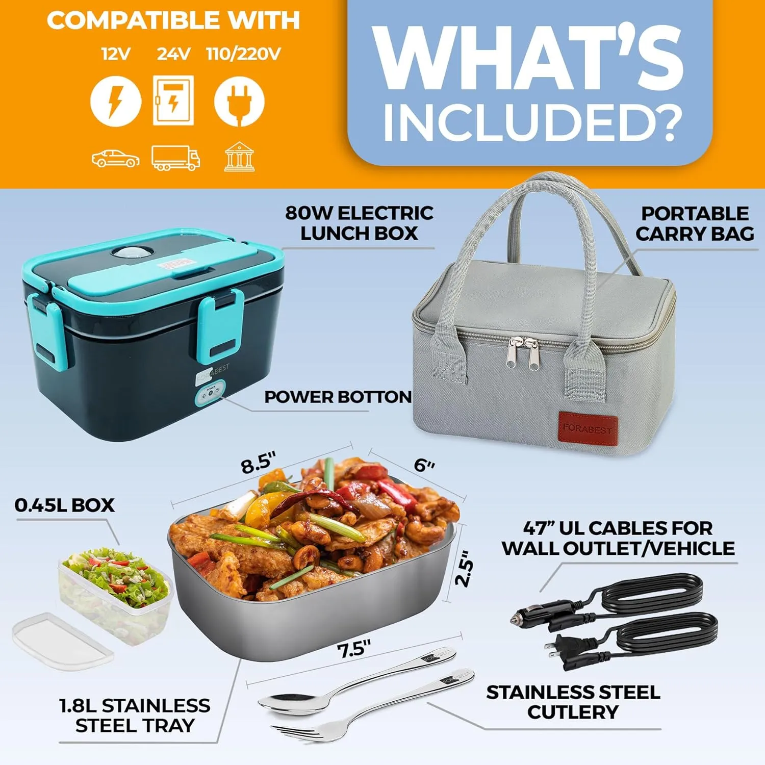 FORABEST Electric Lunch Box for Adults – 80W Fast-Heated Lunch Box, 1.8L Stainless Steel Portable Food Warmer, 12/24V for Car/Truck & 110/220V for Office/Travel – Lonchera Eléctrica Portátil